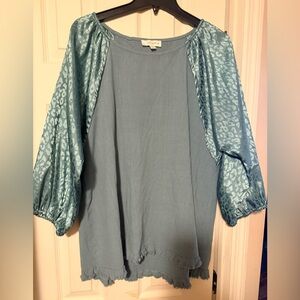 Women’s Plus Umgee Fringe Hem 3/4 Satin Sleeve Blouse Shirt Green Leopard 1X